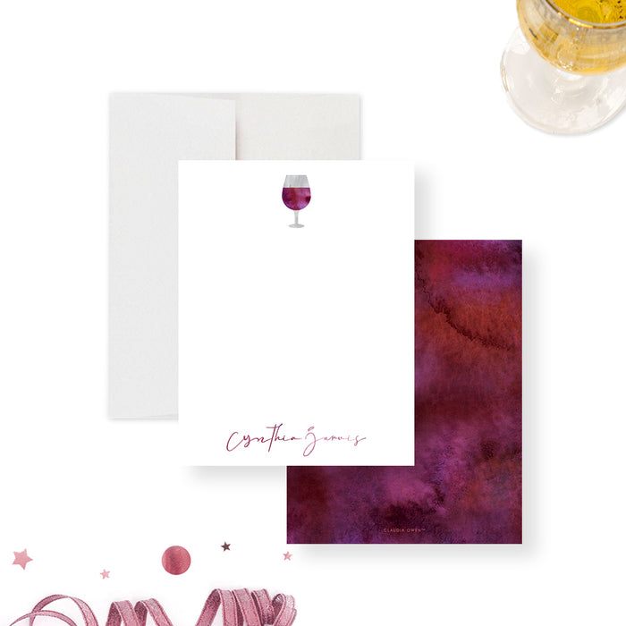 Personalized Wine Tasting Thank You Note Card. Front and matching burgundy and purple watercolor-style back displayed with a white envelope.