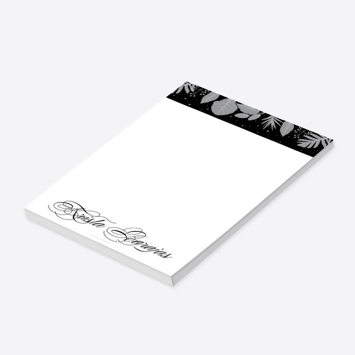 personalized winter botanical notepad with gray foliage accents, custom name, elegant script lettering, and blank writing space-side