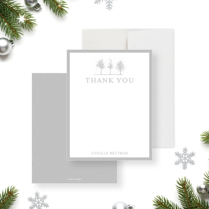 Personalized winter thank you card featuring snowy trees and elegant minimalist typography, perfect holiday stationery for seasonal messages.-front-back