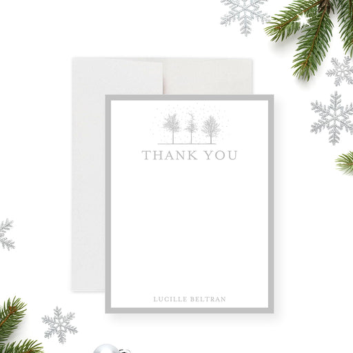 Personalized winter thank you card featuring snowy trees and elegant minimalist typography, perfect holiday stationery for seasonal messages.-front