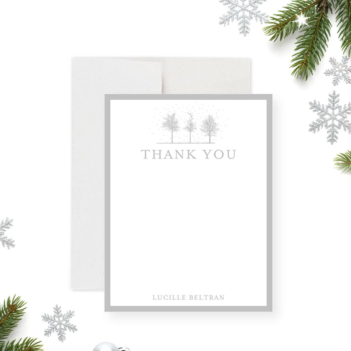 Personalized winter thank you card featuring snowy trees and elegant minimalist typography, perfect holiday stationery for seasonal messages.-front