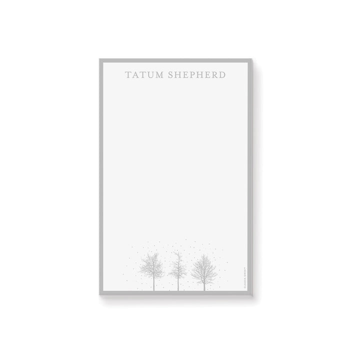 Personalized winter notepad featuring delicate snowy trees and minimalist gray design, perfect custom stationery for notes and messages.