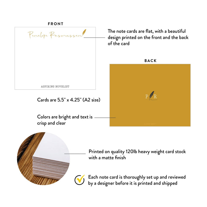 A2 note card specifications: 5.5 × 4.25 inches, double-sided printing and heavyweight 120 lb matte cardstock.