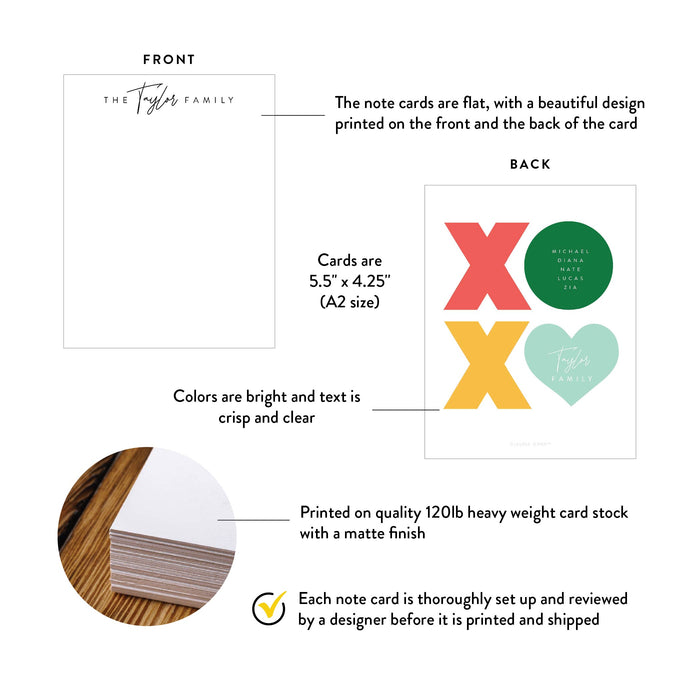 Front and back of personalized xoxo family note cards with A2 size and matte cardstock details.