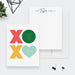 Personalized family note cards with a family name on white and colorful XOXO lettering and names on the reverse.