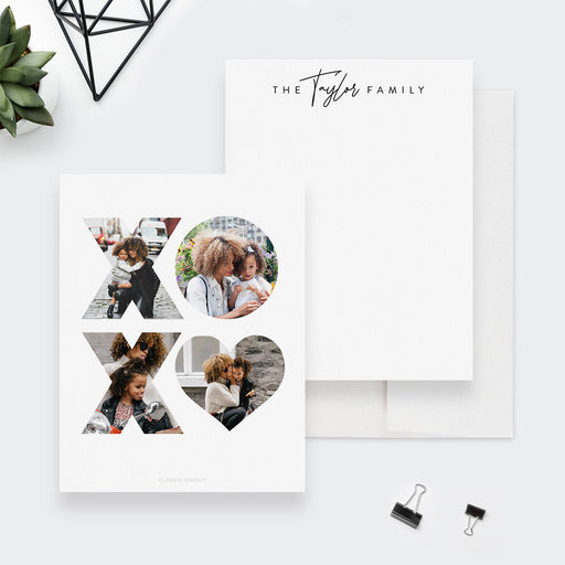 Personalized family note cards with a name on the white front and family photos inside an XOXO collage with a heart shaped O on the reverse.
