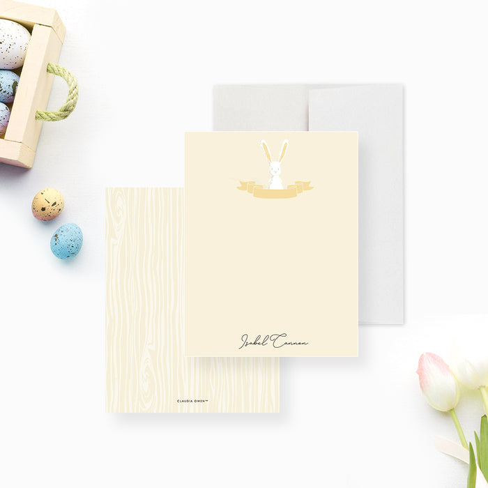 Personalized Yellow Bunny Note Cards for Kids. Front and yellow and cream patterned back shown with a white envelope.