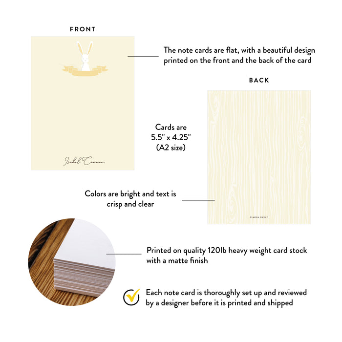 Product details graphic for personalized yellow bunny note cards for kids, showing front and back designs, A2 size, and matte cardstock.