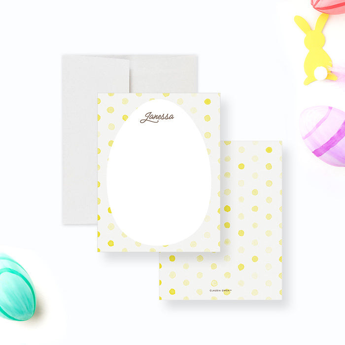 Personalized Yellow Easter Egg Thank You Cards. Front and white back with yellow polka dots shown with a white envelope.