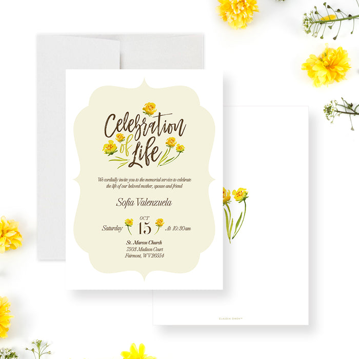 Personalized yellow floral celebration of life invitation with loved one’s name, memorial date, time, and church service details-front-back