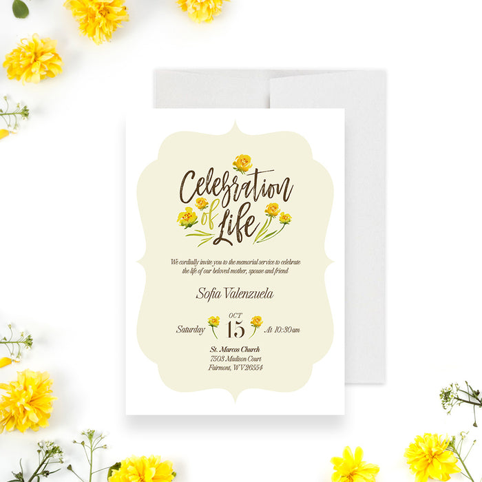 Personalized yellow floral celebration of life invitation with loved one’s name, memorial date, time, and church service details-front