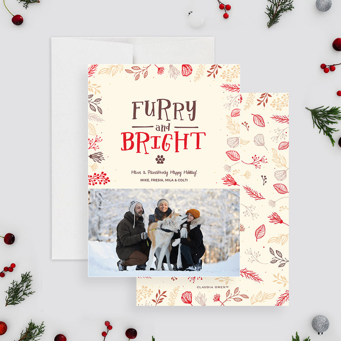 Furry and Bright pet holiday photo card featuring playful typography, festive leaf illustrations and a custom photo in a digital Christmas greeting design