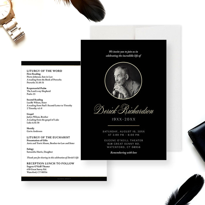 Black and gold photo memorial invitation and funeral program card for a celebration of life service.-front-back