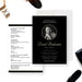 Black and gold photo memorial invitation and funeral program card for a celebration of life service.-front-back