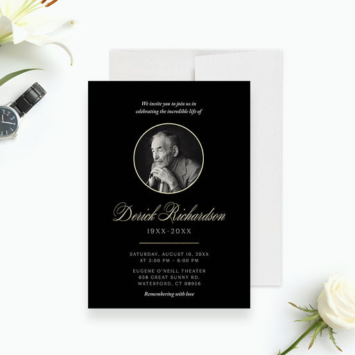 Black and gold photo memorial invitation and funeral program card for a celebration of life service.-front