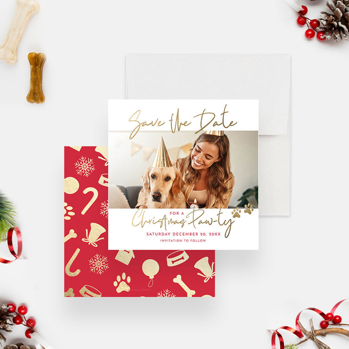 Christmas Pawty Save the Date Card in Red and Gold with Furry Friends, Animal and Pet Christmas Save the Dates