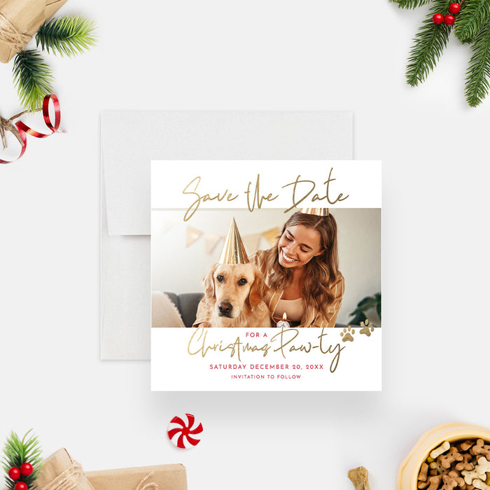 Christmas Pawty Save the Date Card in Red and Gold with Furry Friends, Animal and Pet Christmas Save the Dates