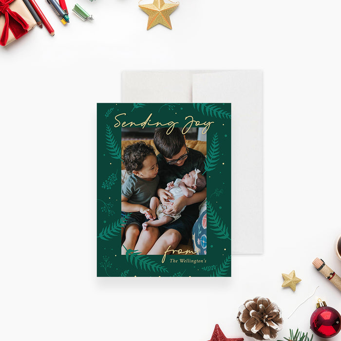 Christmas Greeting Card with Green Foliage, Personalized Holiday Greeting Card with Family Photo