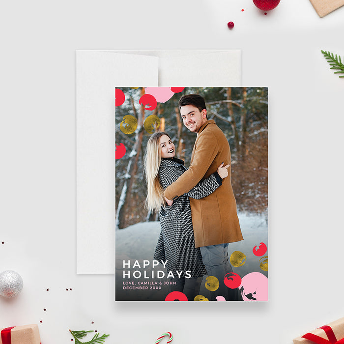 Modern personalized photo holiday card with colorful festive accents and Happy Holidays text.