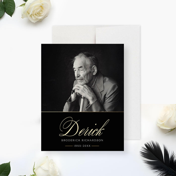 Photo memorial card featuring a black background with elegant gold typography and portrait design honoring a loved one.-front