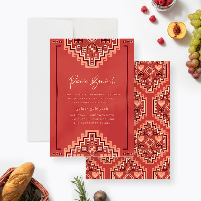 Picnic-brunch invitation with a red quilt pattern, personalized for a summer solstice party in the park-front-back