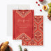 Picnic-brunch invitation with a red quilt pattern, personalized for a summer solstice party in the park-front-back