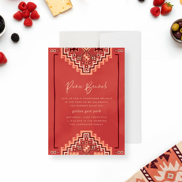 Picnic-brunch invitation with a red quilt pattern, personalized for a summer solstice party in the park-front