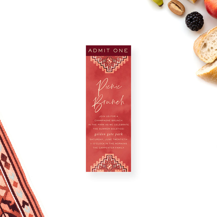 Picnic-brunch ticket invitation with a red quilt pattern, personalized admit-one invite for a summer party, outdoor event, or brunch celebration