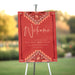 Personalized welcome sign with a red quilt pattern for a summer picnic brunch in the park