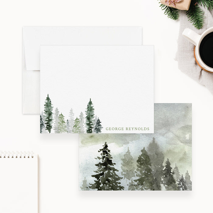 Watercolor pine tree thank you cards personalized with name