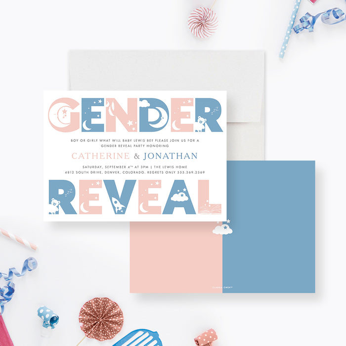 Pink and Blue Gender Reveal Party Invitation Card, Baby's Big Reveal, Sweet and Playful Gender Reveal Invitations with Celestial and Dreamy Motifs