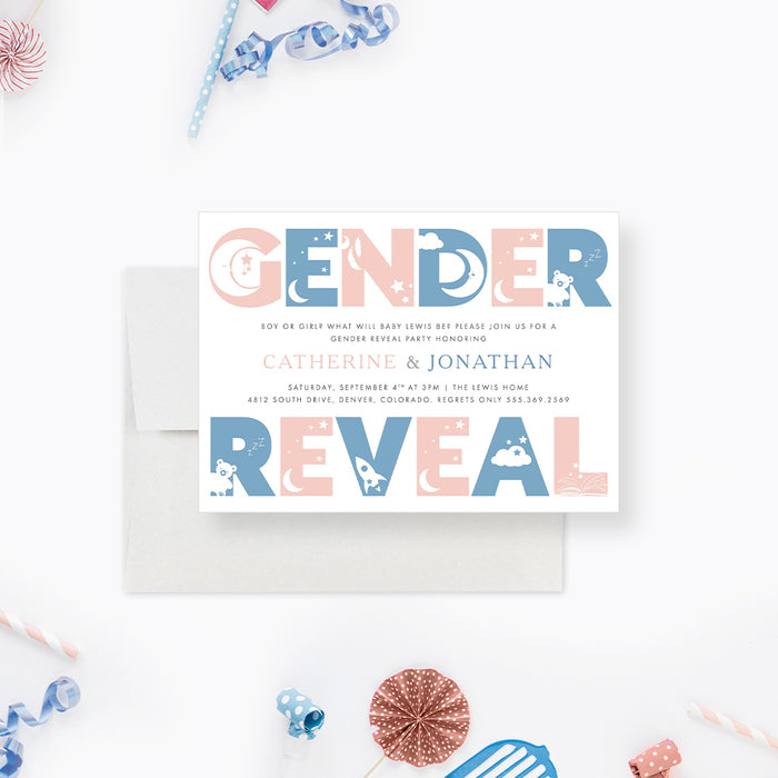 Pink and Blue Gender Reveal Party Invitation Card, Baby's Big Reveal, Sweet and Playful Gender Reveal Invitations with Celestial and Dreamy Motifs