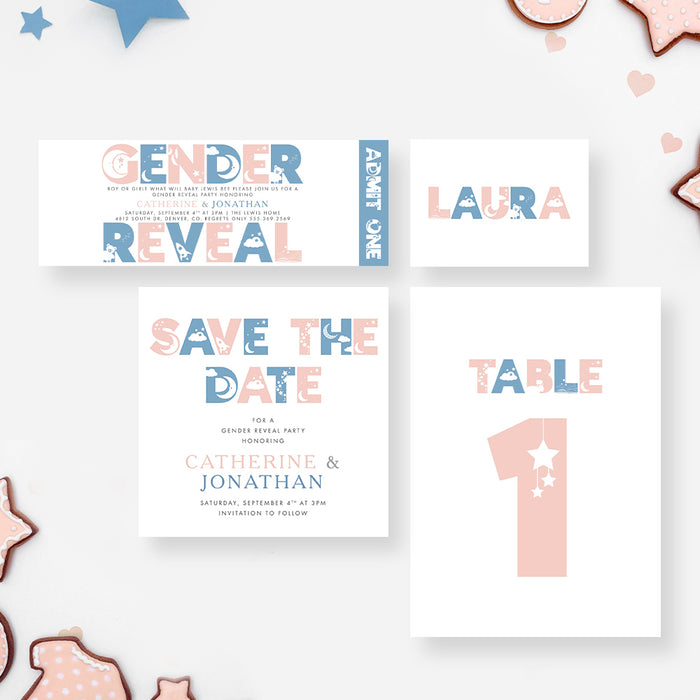 Pink and Blue Gender Reveal Party Invitation Card, Baby's Big Reveal, Sweet and Playful Gender Reveal Invitations with Celestial and Dreamy Motifs