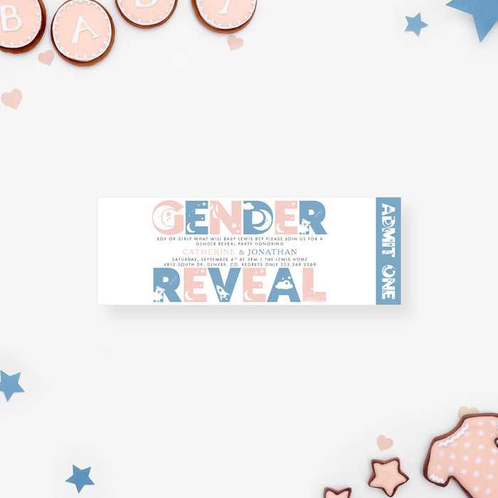 Pink and Blue Gender Reveal Party Invitation Card, Baby's Big Reveal, Sweet and Playful Gender Reveal Invitations with Celestial and Dreamy Motifs