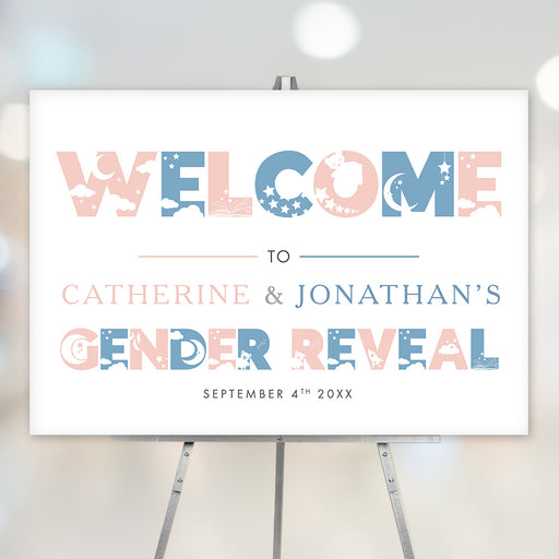 Personalized gender reveal welcome sign with pink and blue colors, stars, and a playful design, ideal for event entrances or party decor.