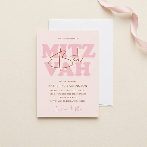 Pink Bat Mitzvah invitation flat lay