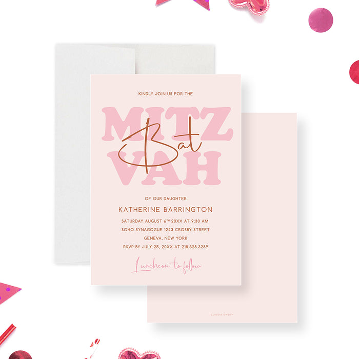 Pink Bat Mitzvah invitation with bold modern lettering in blush tones-front-back