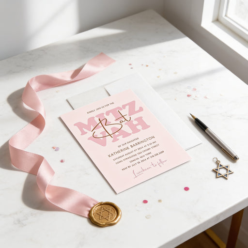 Pink Bat Mitzvah invitation with bold modern lettering in blush tones-front