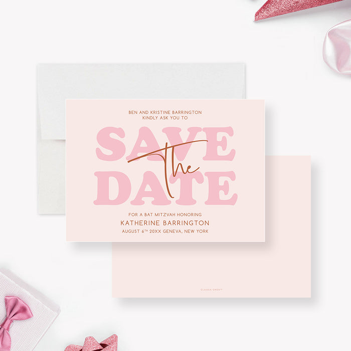 Pink Bat Mitzvah save the date card with bold lettering in blush tones-front-back