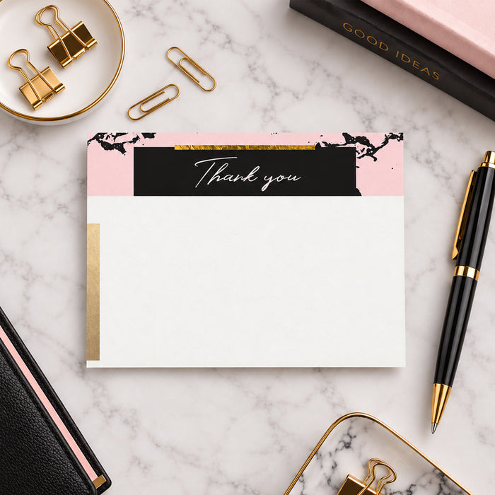 Pink and black marble thank-you note card with scripted header, printed gold detail and coordinating reverse