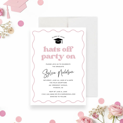 Pink graduation invitation for class of 2026 with hats off party theme, scalloped border, and elegant script text-front