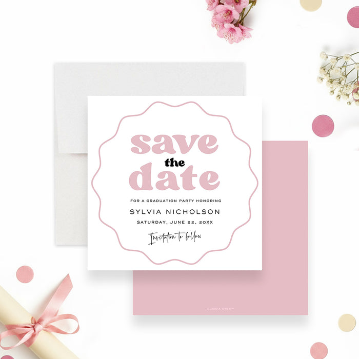 Pink graduation save the date card with modern design and personalized details for Class of 2026 party-front-back
