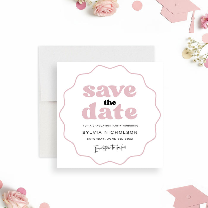 Pink graduation save the date card with modern design and personalized details for Class of 2026 party-front