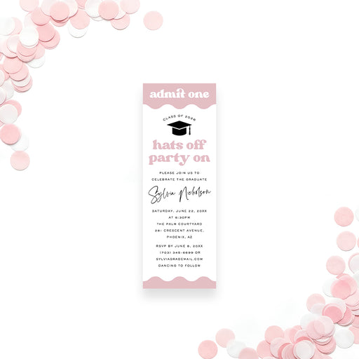 Pink graduation invitation ticket with modern lettering, a graduation cap icon, and personalized event details for the Class of 2026