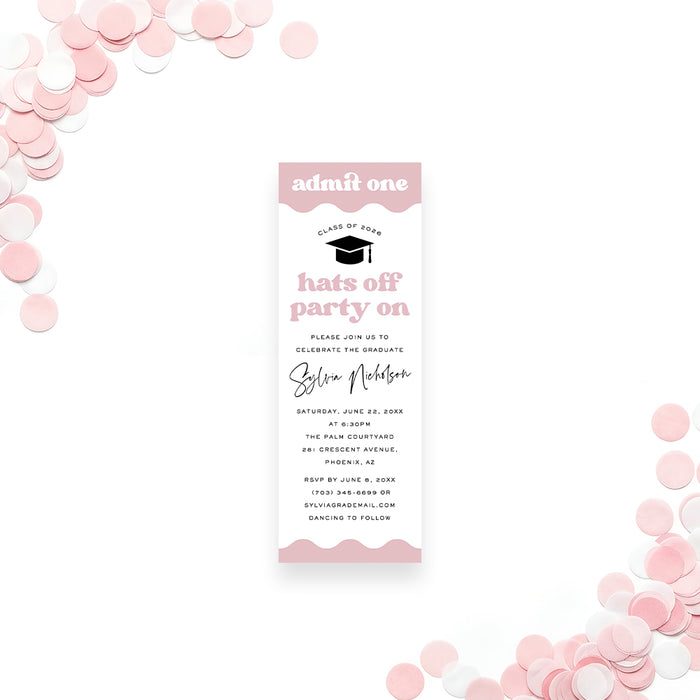 Pink graduation invitation ticket with modern lettering, a graduation cap icon, and personalized event details for the Class of 2026