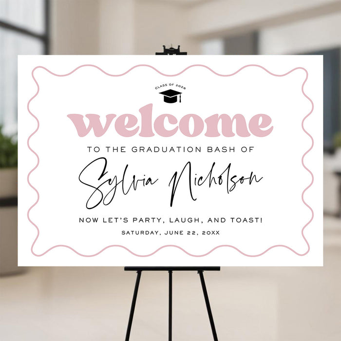 Personalized graduation welcome sign with pink design, custom name, and graduation cap displayed as party entrance sign for Class of 2026