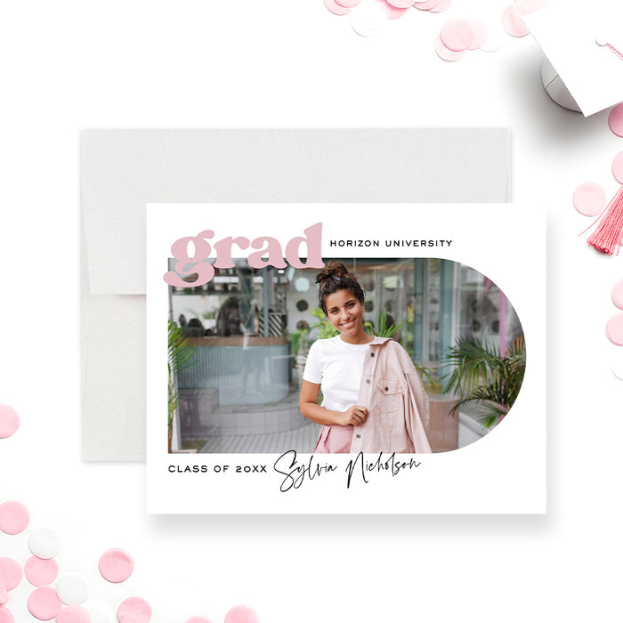 Graduation photo announcement card with pink design, modern layout, and graduate portrait for Class of 2026-front