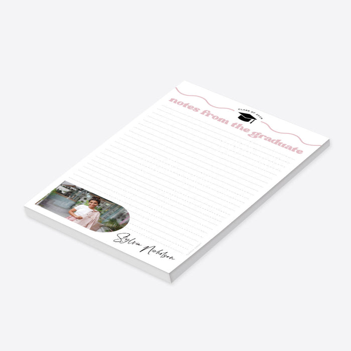 Personalized graduation notepad with photo, “notes from the graduate” pink text, lined pages, graduation cap, and custom name for Class of 2026-side