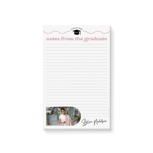 Personalized graduation notepad with photo, “notes from the graduate” pink text, lined pages, graduation cap, and custom name for Class of 2026
