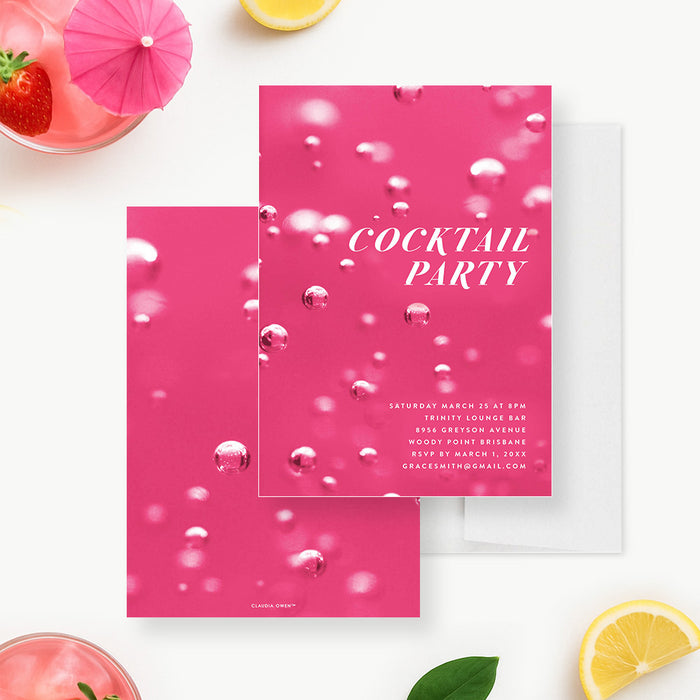 pink cocktail party invitation with bubbly drink-inspired background, elegant lettering, and custom event details for a stylish celebration-front-back